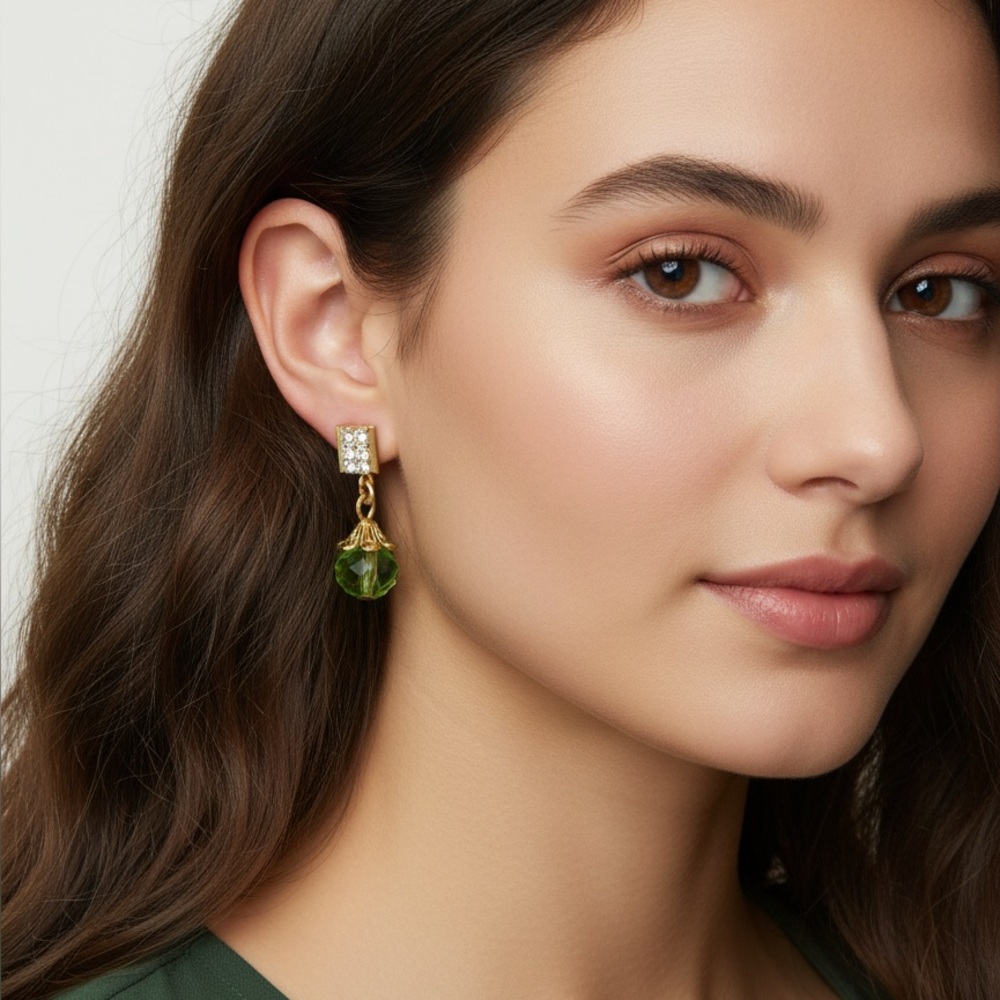 Gold Rhinestone Stud Earrings with Green Crystals - Picture 3 of 3